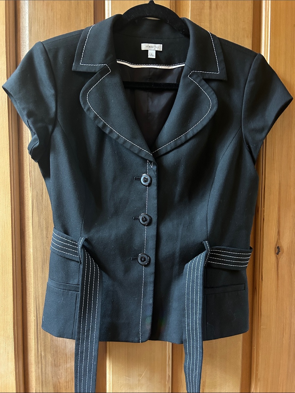 Semantiks Black Short-Sleeve Blazer with White Contrast Stitching